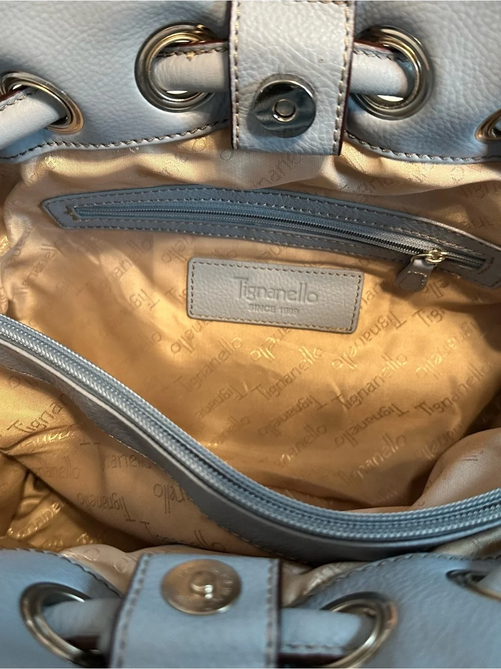 Tignanello Light Blue Pebbled Leather Shoulder Bag with Silver Plaque